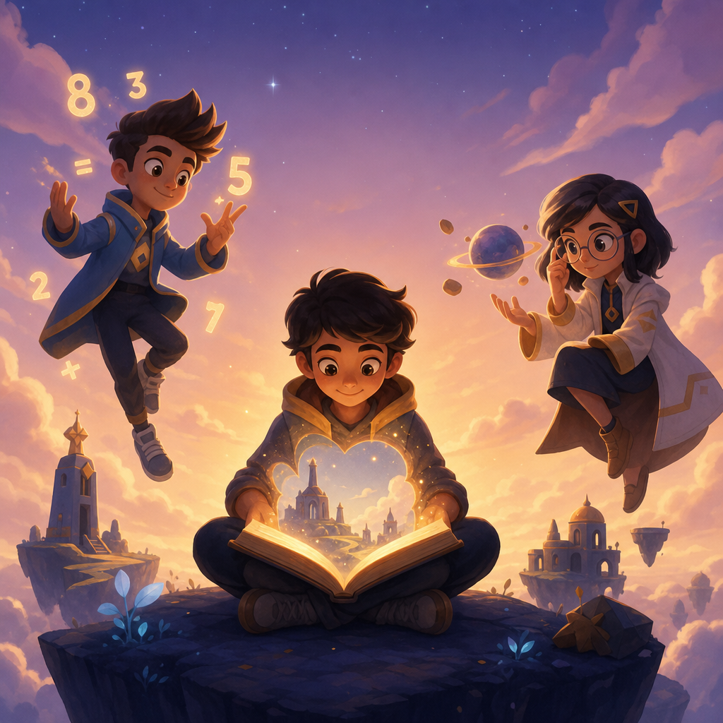 Illustration of a kid opening a glowing book that becomes a portal, with the Qupiter math whiz and science girl mascots floating around them in a warm pastel sky.