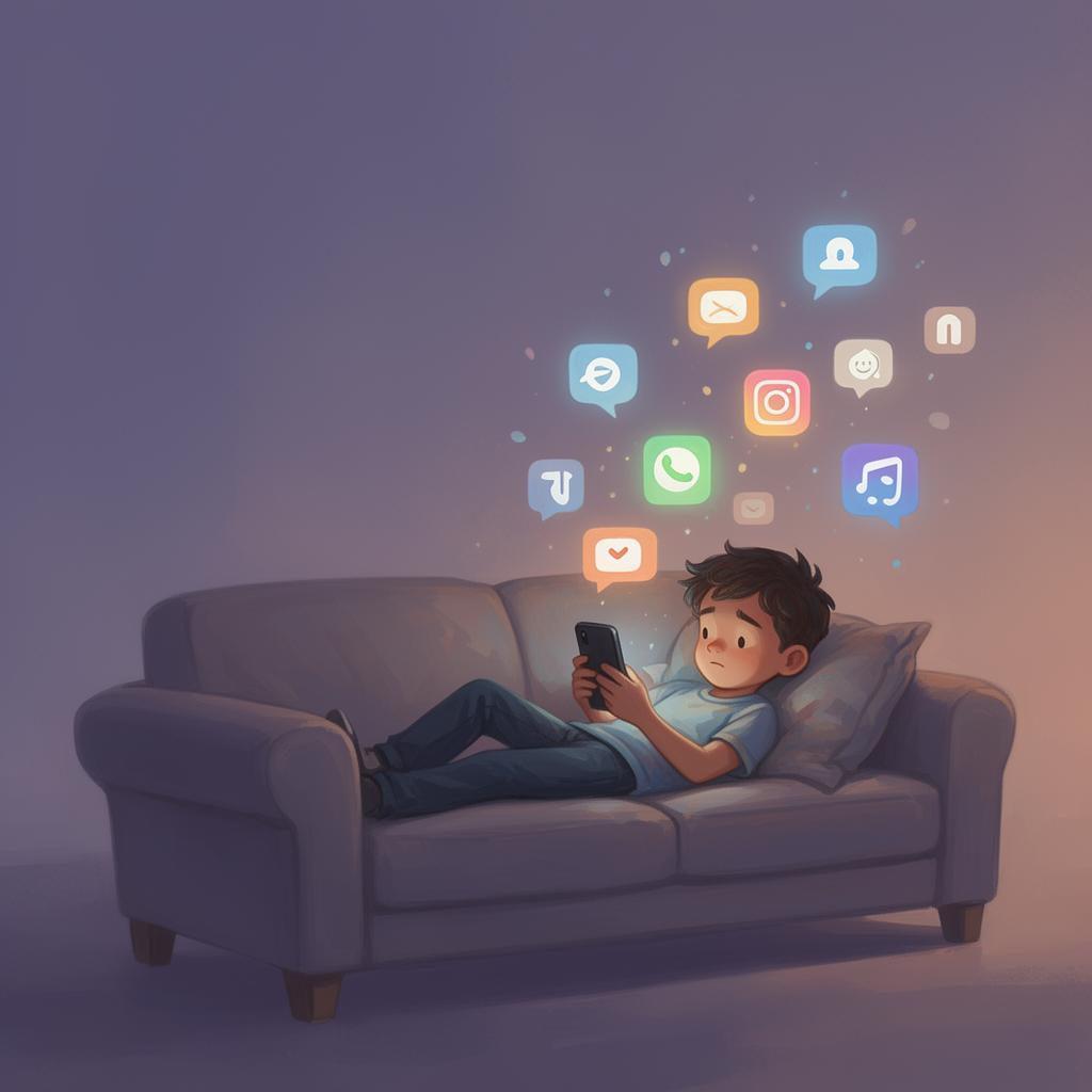 A tween lying on a couch endlessly scrolling, app notification bubbles drifting around them in a hazy warm room.